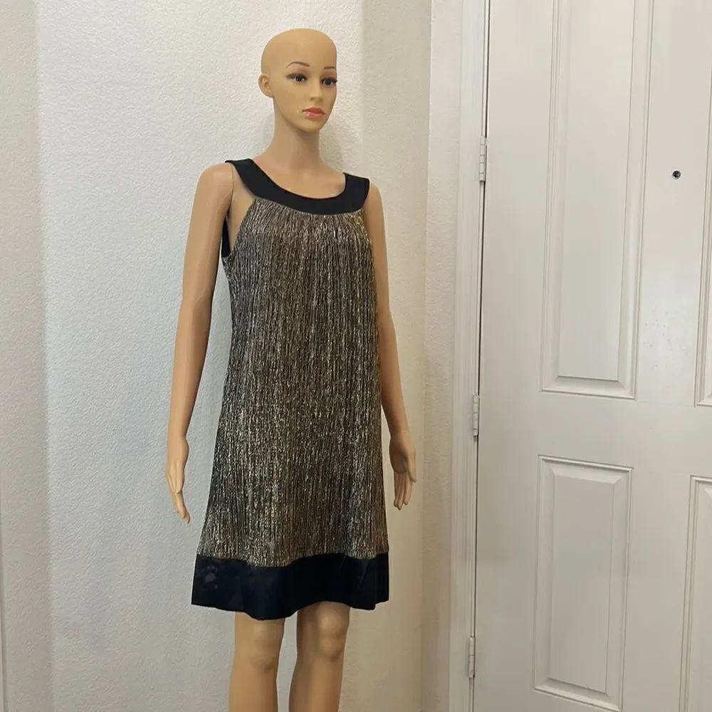 Enfocus Studio Dress Size 10 Silver Gold Metallic Scoop Neck Black Tie Back